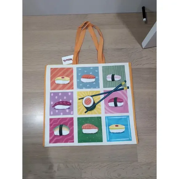 Sushi Nigri Orange Collage Shopping Bag Reusable Large Tote Gift TJMaxx New - Picture 2 of 12